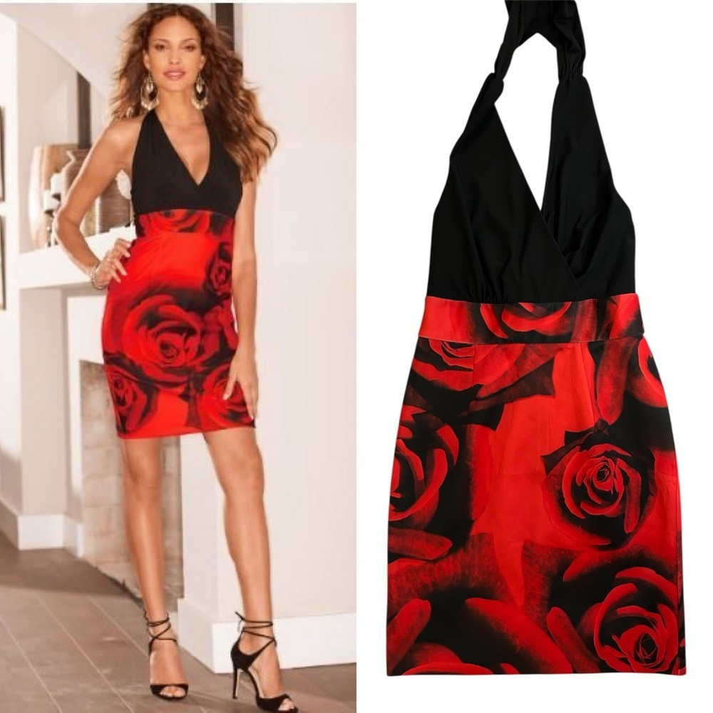 NWT Alexia Admor Red & Black Floral Halter Neck Sheath Dress | Size S